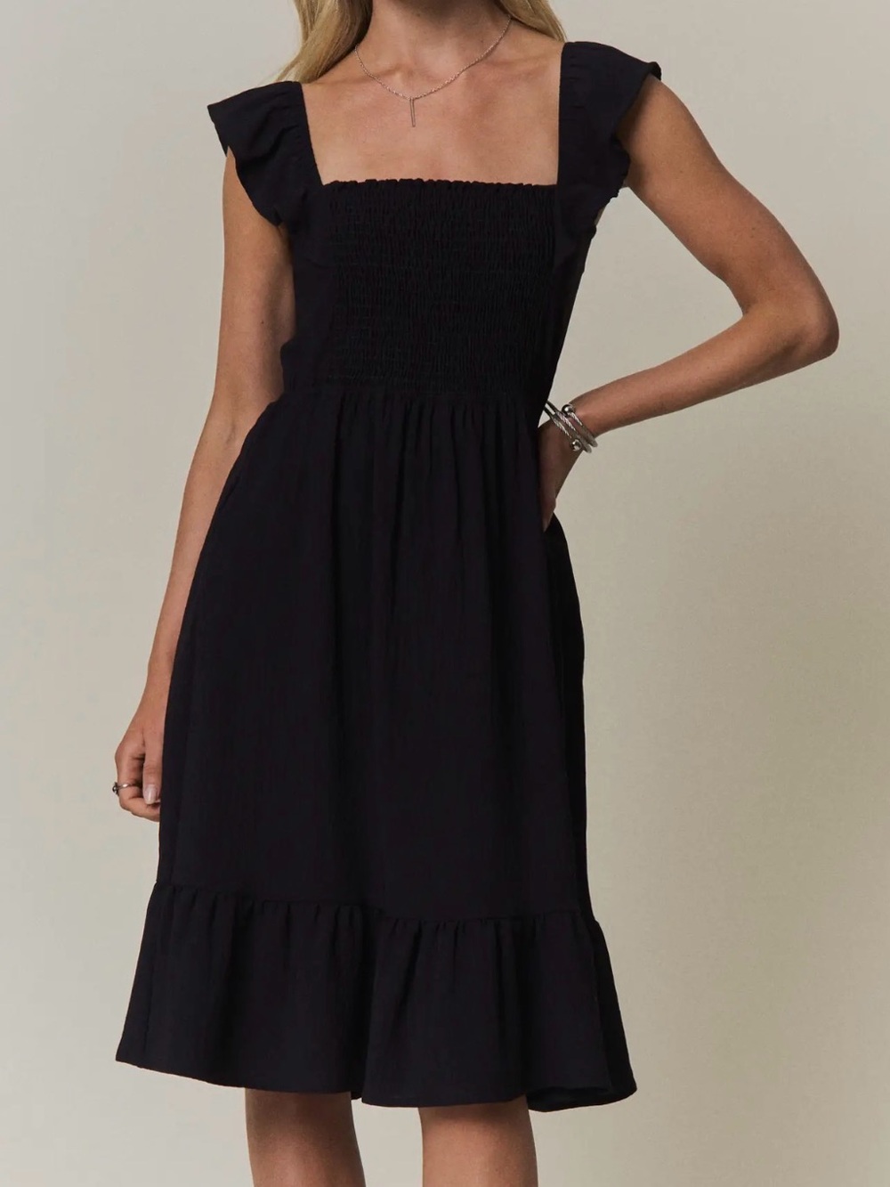 ADORA Black Smocked Square-Neck Midi Dress